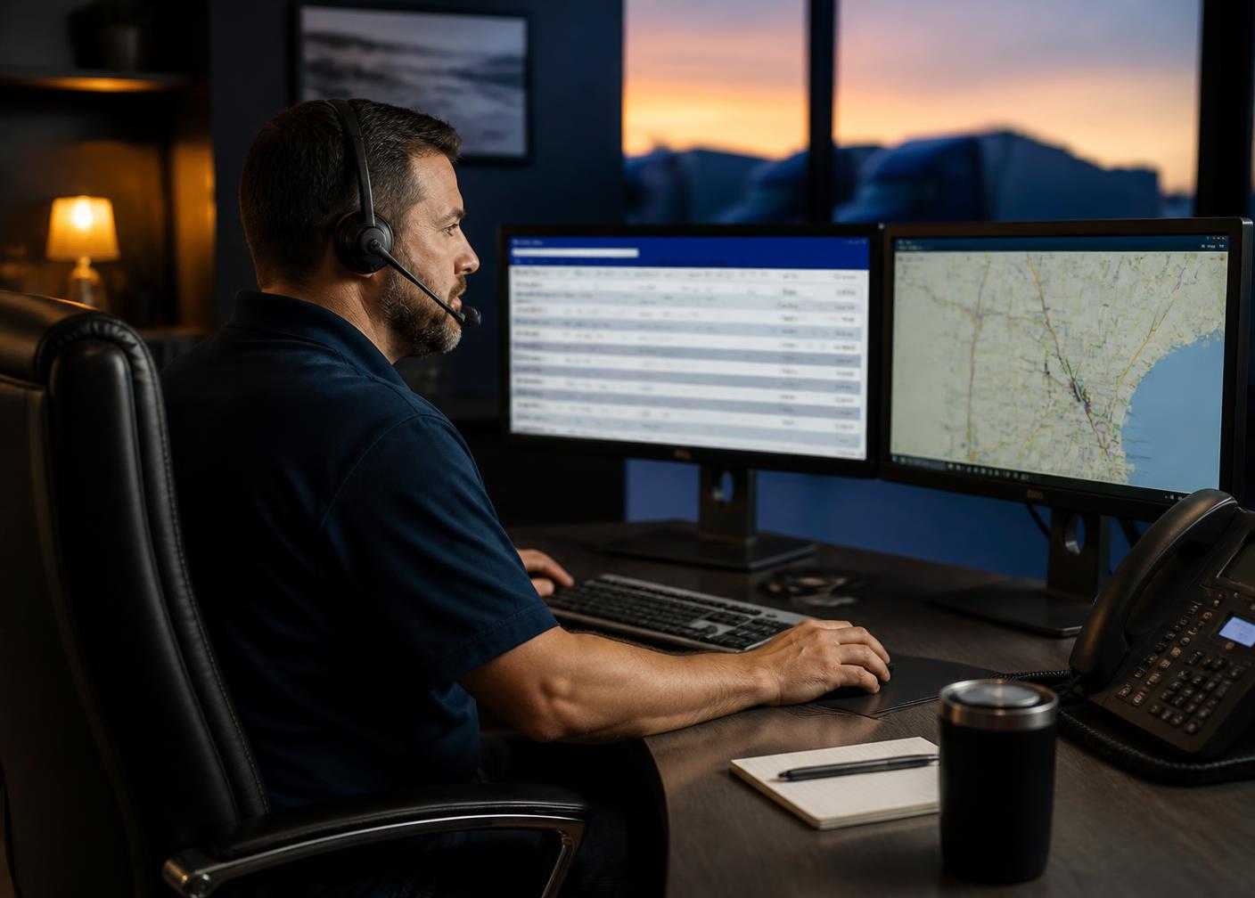 Dispatcher coordinating freight on multiple screens in an office
