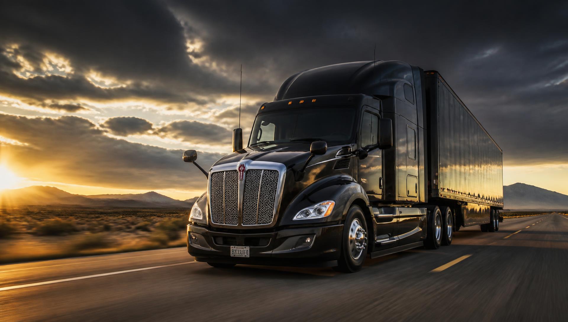 Semi truck on an open American highway at golden hour